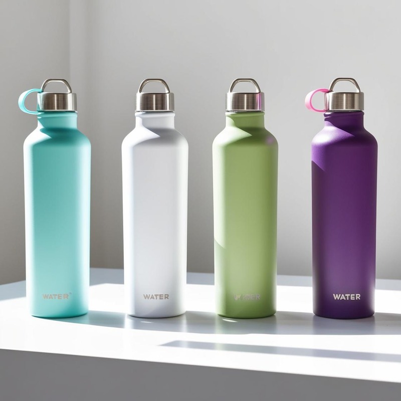 Four reusable water bottles in pastel and bold colors on a white surface in sunlight.