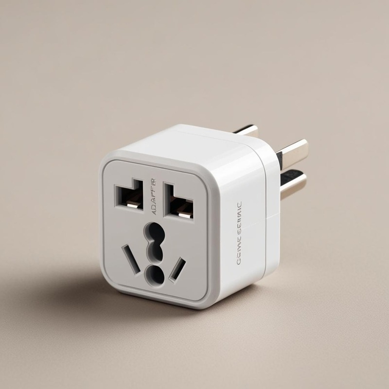 Universal travel plug adapter with multiple socket types and UK-style plug pins.