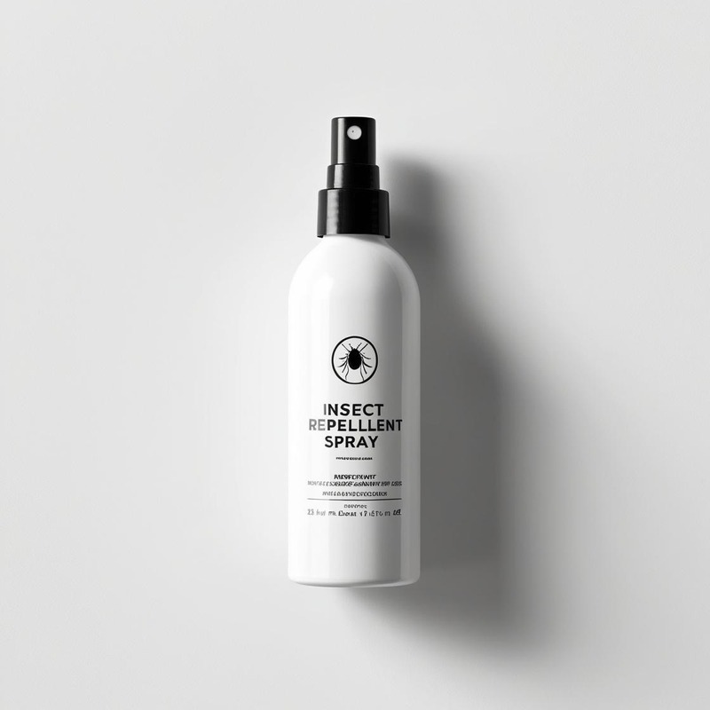 White bottle of insect repellent spray with black nozzle on a white background.