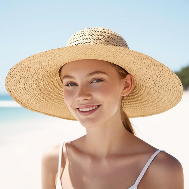 Woman smiling on a sunny beach wearing a wide-brimmed straw hat.